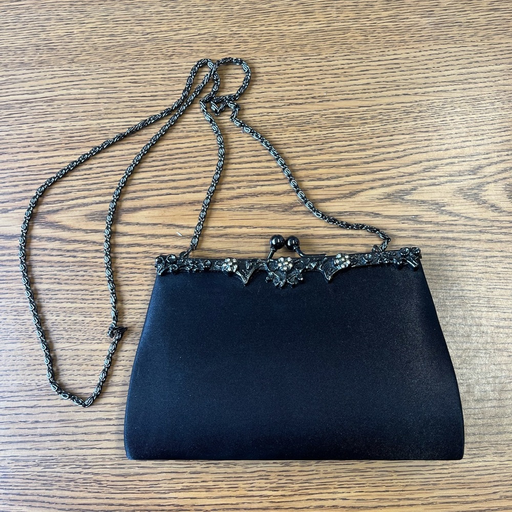 Jessica McClintock Black Clutch with Ornate Clasp and Chain Strap